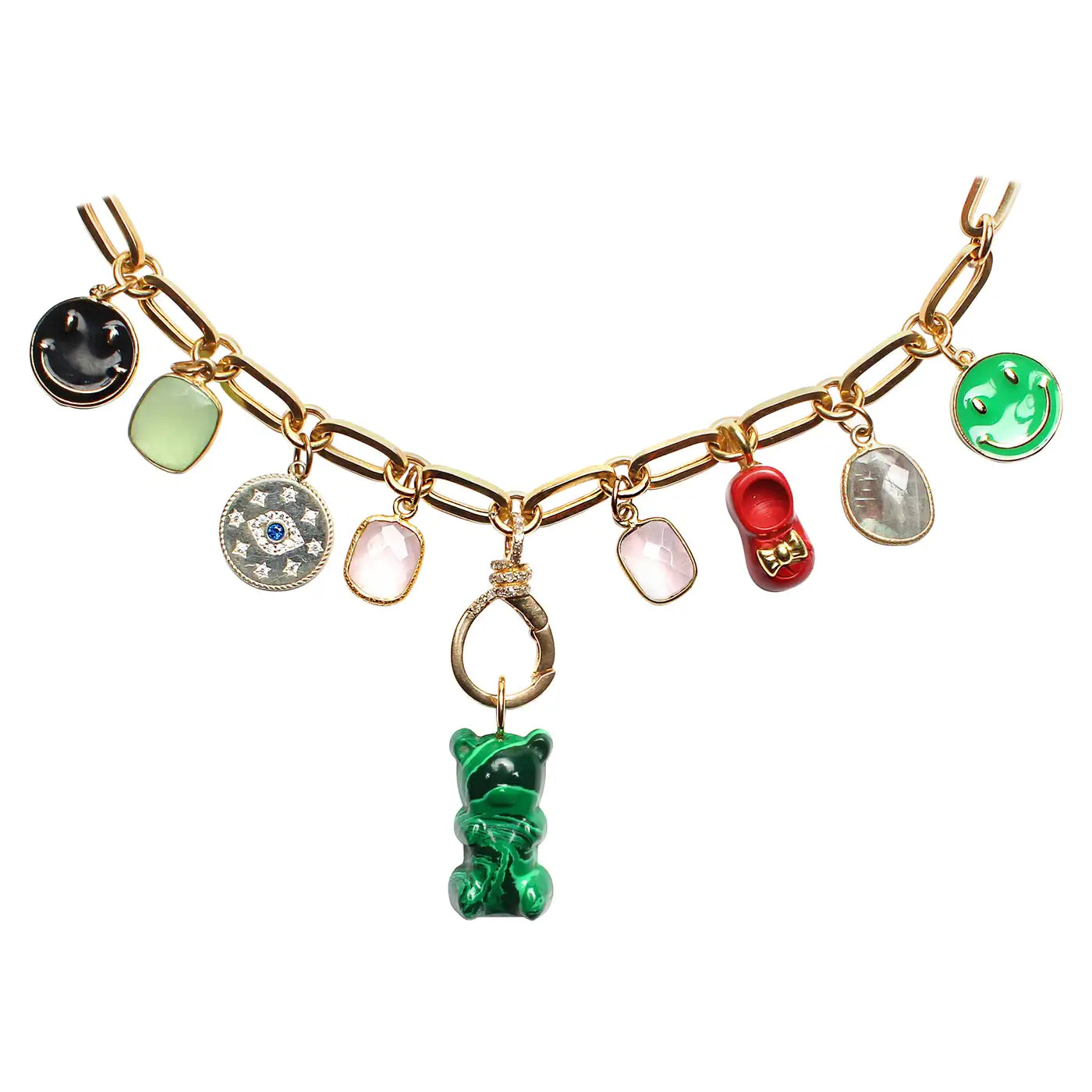 Gold Paper Clip Chain Multi Color & Malachite Bear Charm Necklace