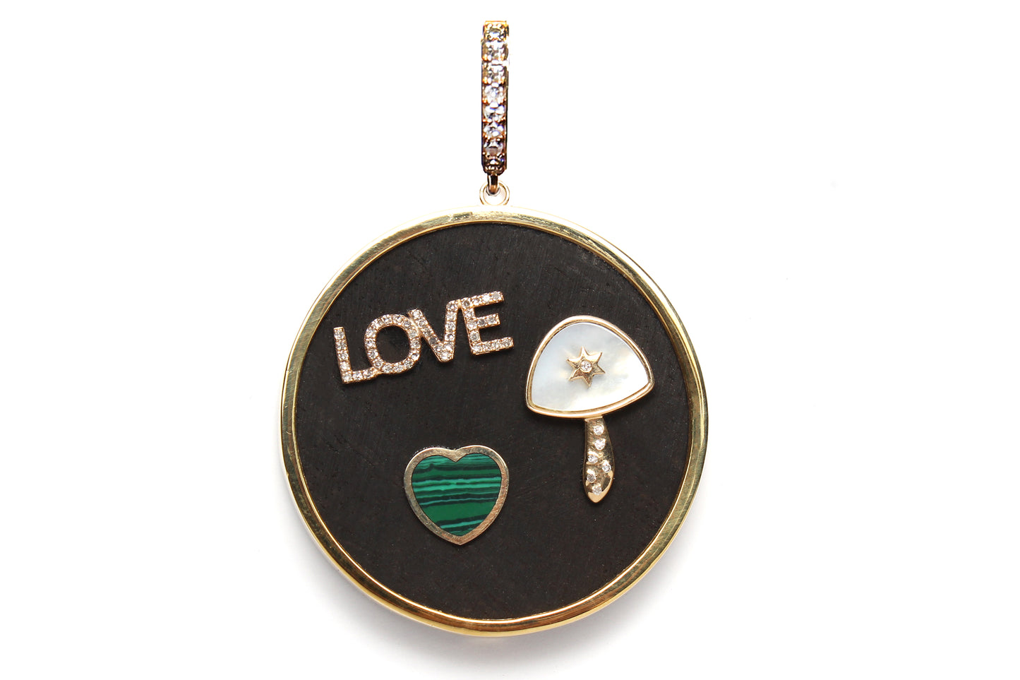 Signature Gold Ebony 3 Charm LOVE Mother of Pearl Diamond Malachite Pendant