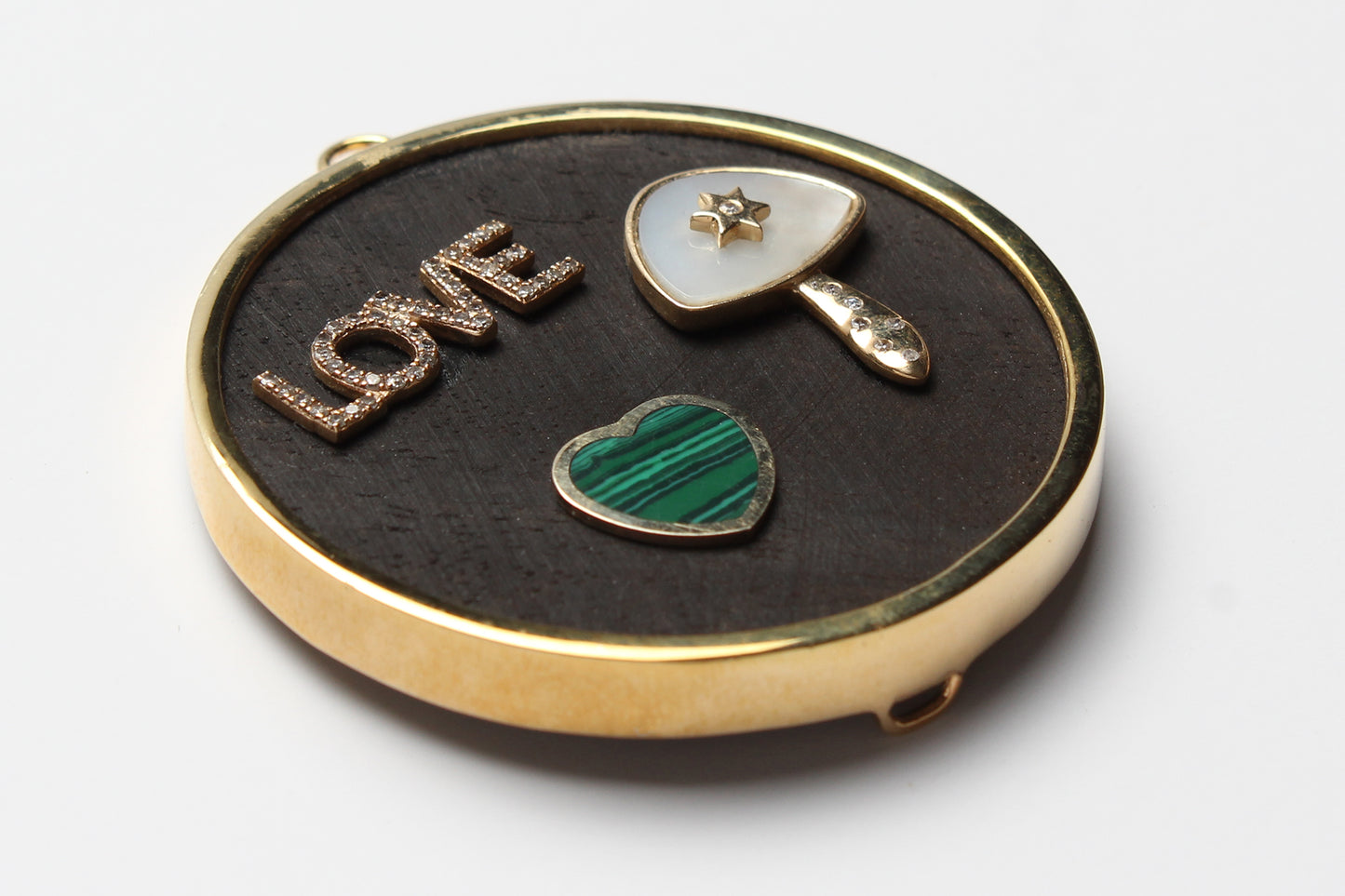 Signature Gold Ebony 3 Charm LOVE Mother of Pearl Diamond Malachite Pendant
