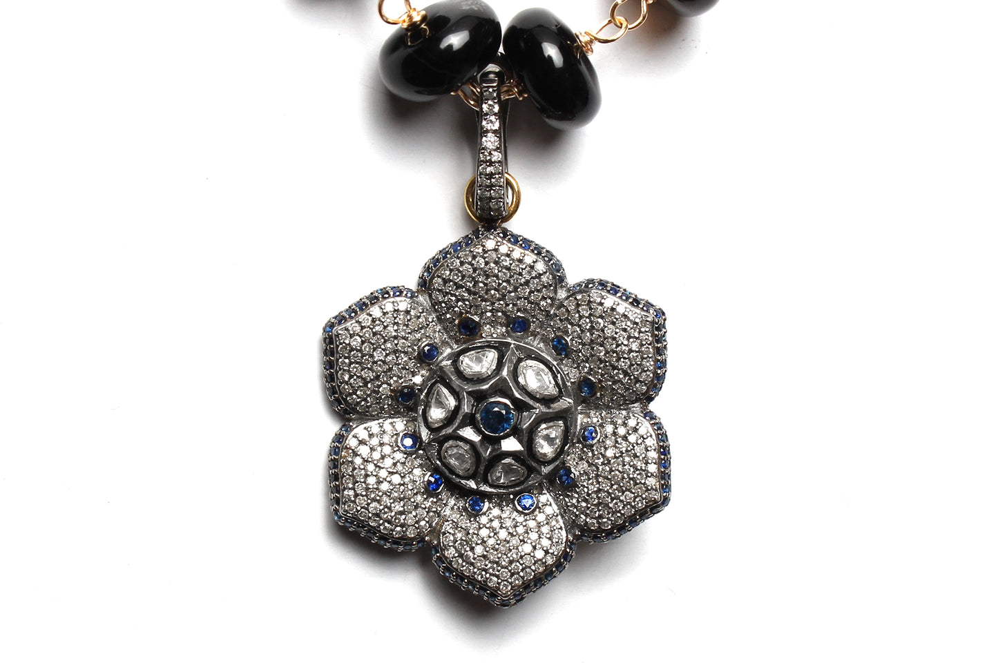 Black Agate "Carmen" 62" length Opal Diamond Ruby Sapphire Flower Pendant Rosary