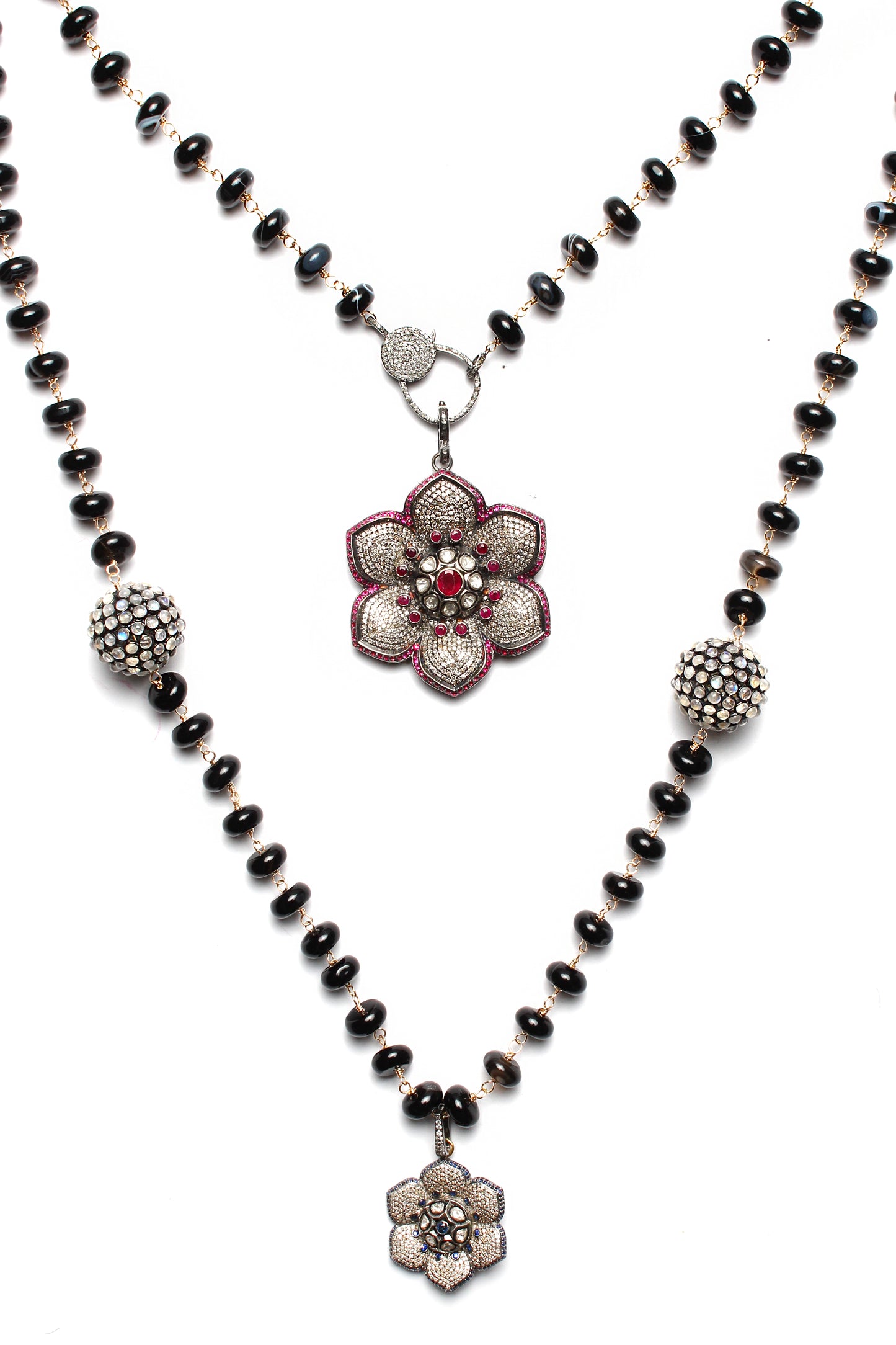 Black Agate "Carmen" 62" length Opal Diamond Ruby Sapphire Flower Pendant Rosary