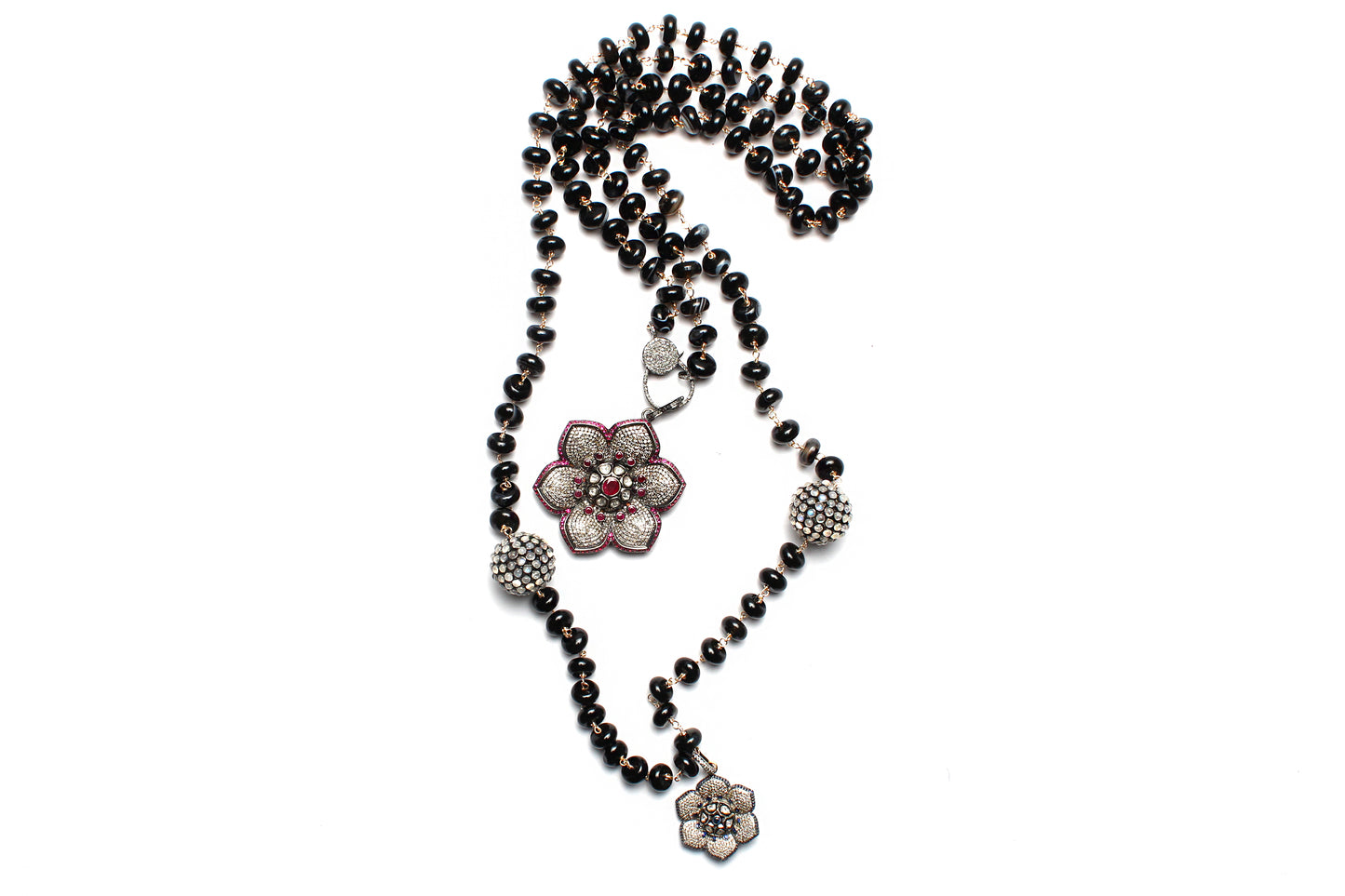 Black Agate "Carmen" 62" length Opal Diamond Ruby Sapphire Flower Pendant Rosary