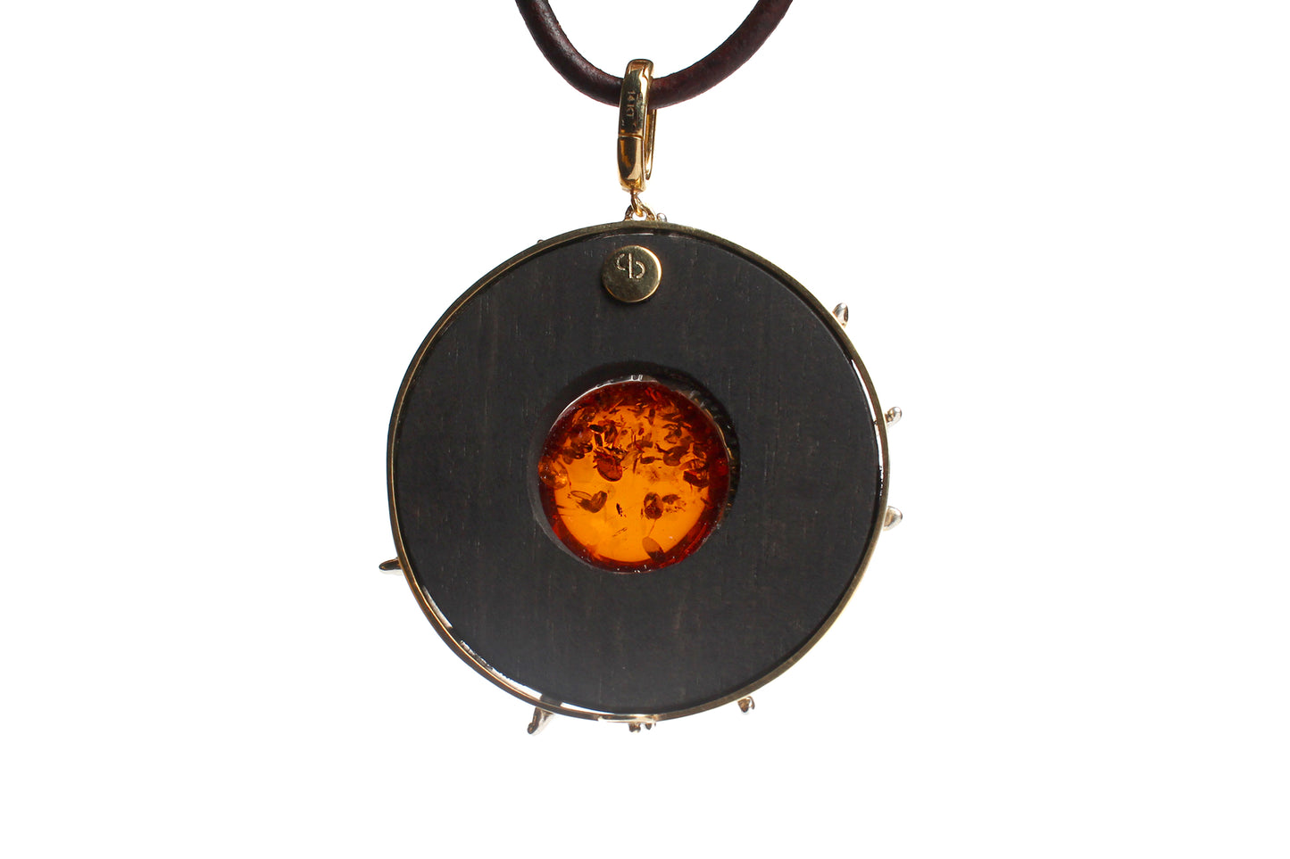 Large Ebony Baltic Amber Diamond Two Tone Gold Silver Pendant
