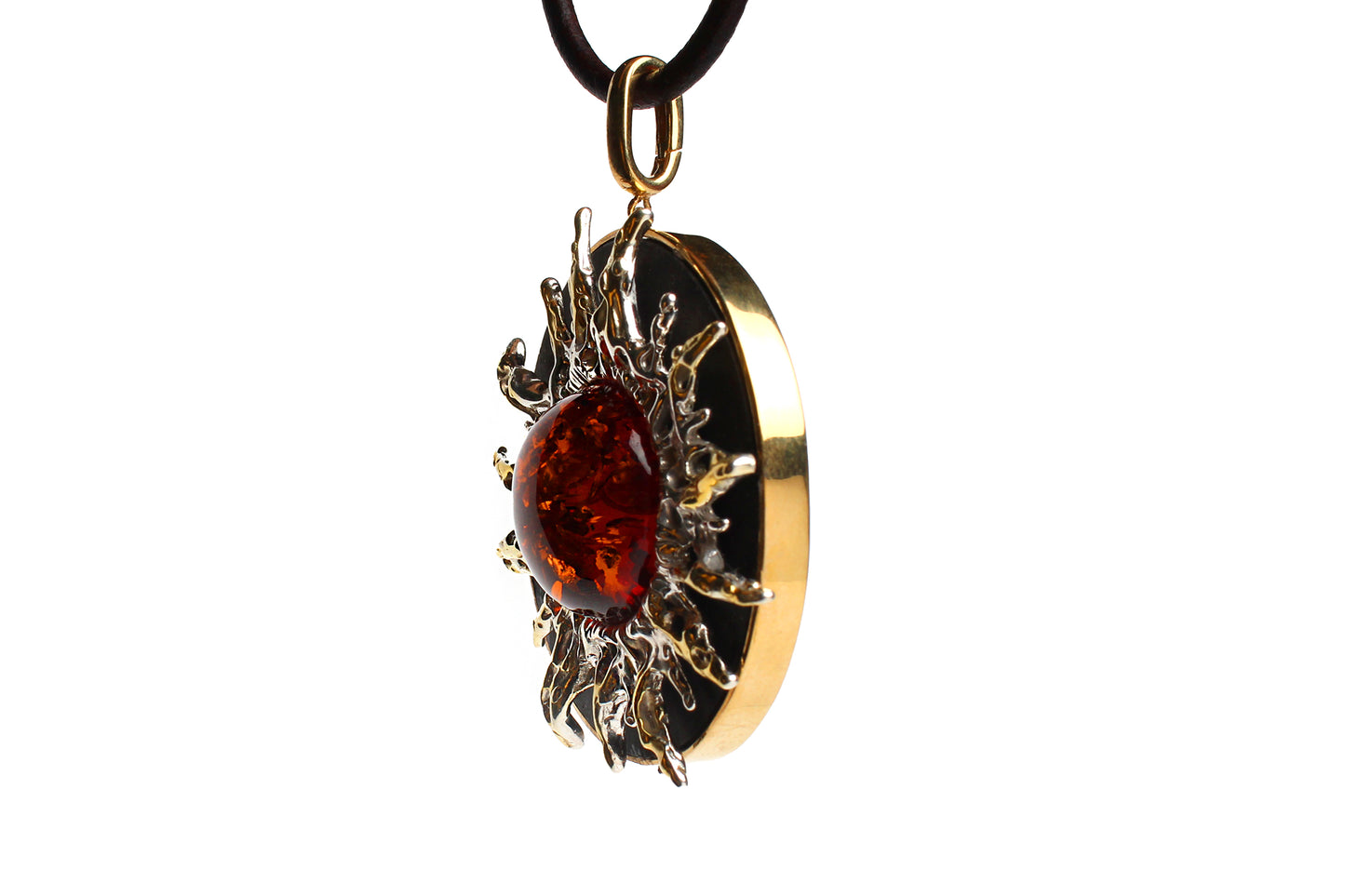 Large Ebony Baltic Amber Diamond Two Tone Gold Silver Pendant