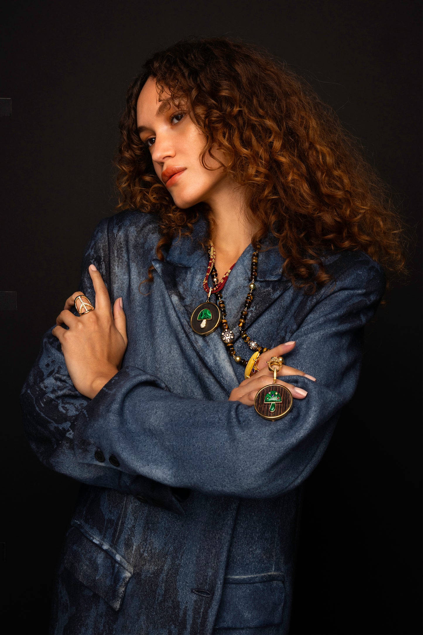 Ebony 14k Gold Malachite Sapphire Diamond Mushroom Pendant