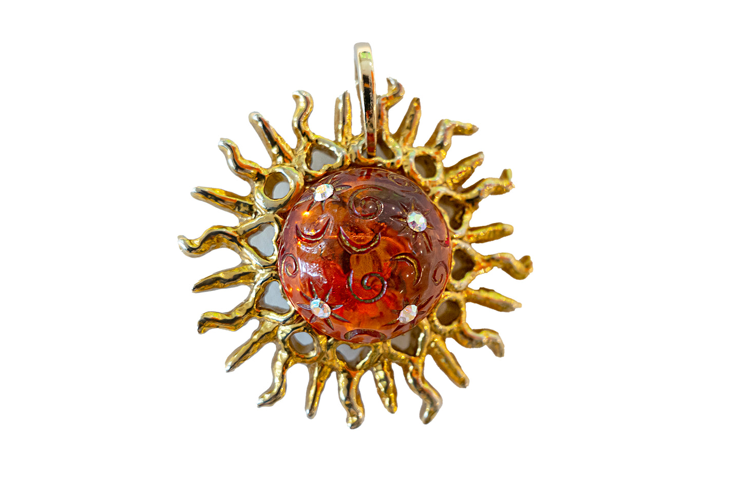 Tiger's Eye 14k Gold Amber Diamond Sun Pendant Beaded Necklace