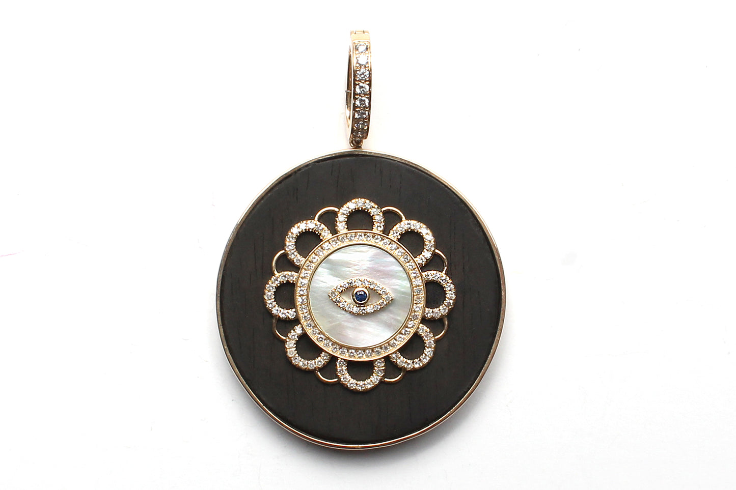 Signature 14k Gold Sapphire Diamond Mother of Pearl Ebony Evil Eye Pendant & Pearl Diamond Tiger's Eye Rosary