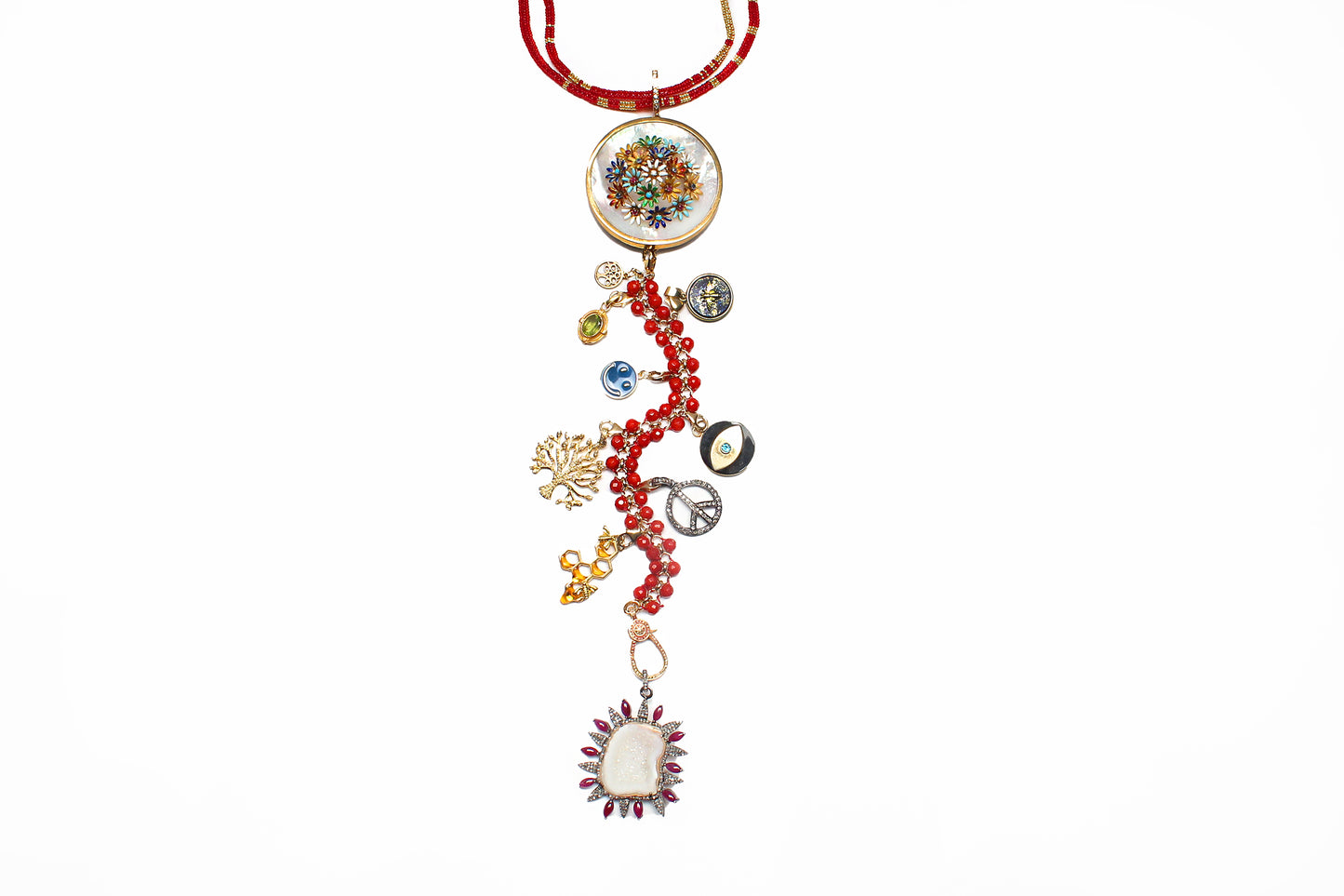 "Crimson Everglades" Ruby Diamond Gold Lapis Symbol Tree Necklace