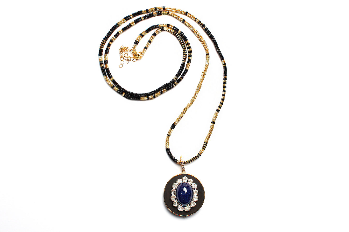 Signature Sapphire Diamond Gold Ebony Pendant & Black Gold Alonso Necklace