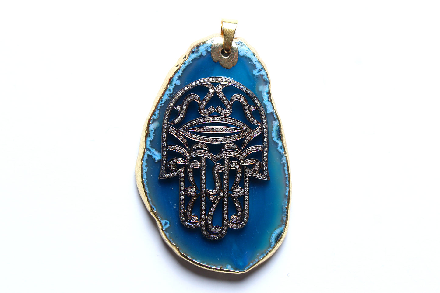Bone Peridot Diamond Emerald Bead & Blue Agate Diamond Hamsa Hand Pendant & Necklace