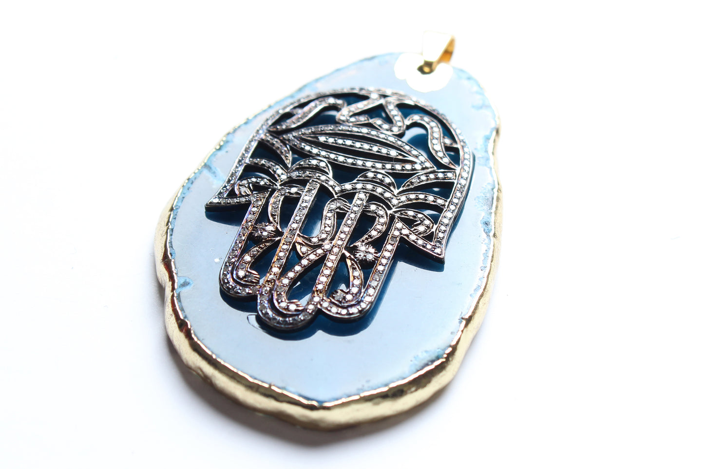 Bone Peridot Diamond Emerald Bead & Blue Agate Diamond Hamsa Hand Pendant & Necklace