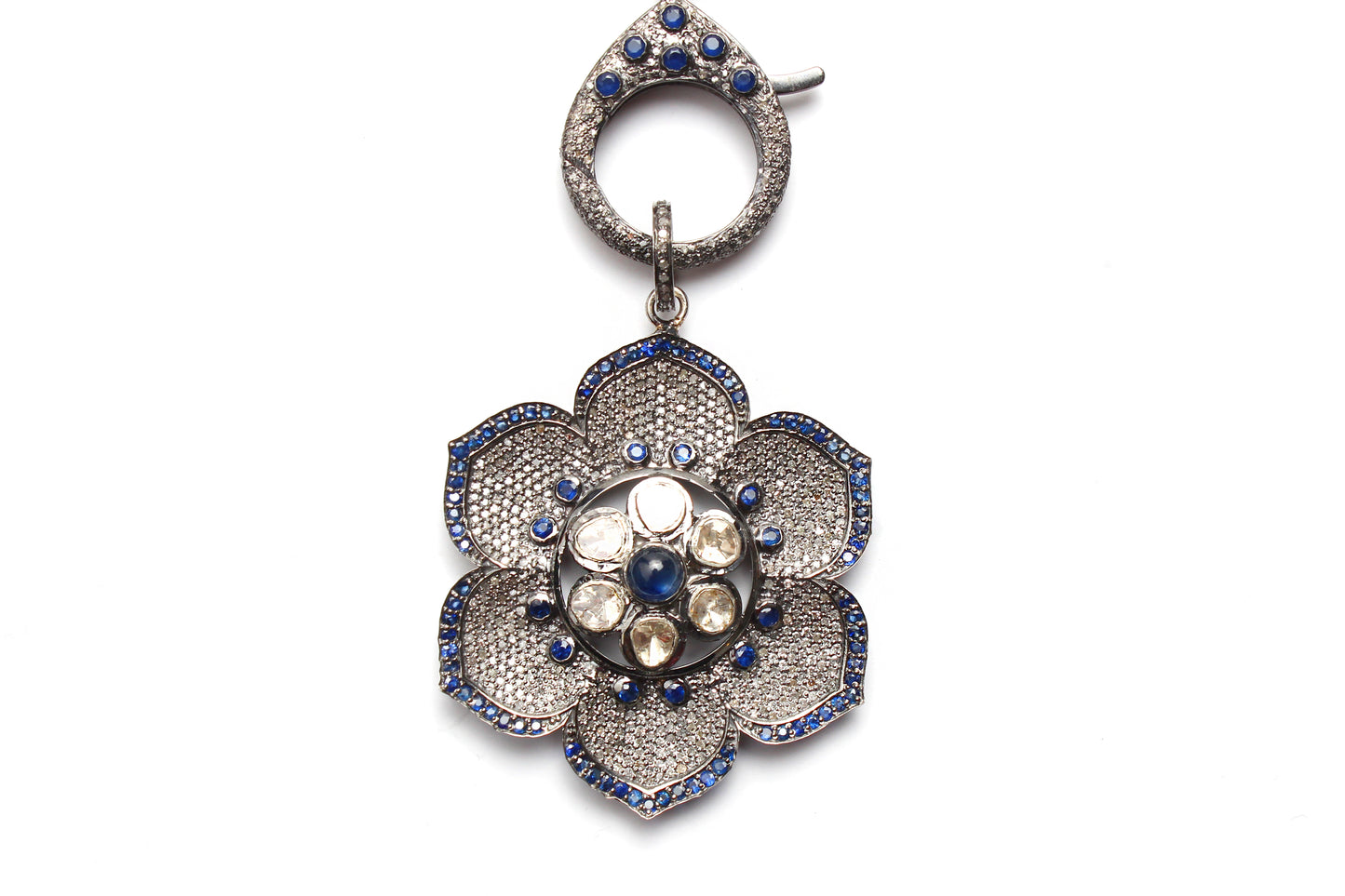 Bone Diamond Ruby Gold Rosary & Sapphire Polki Flower Pendant