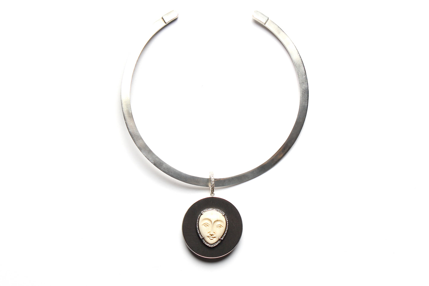 Signature Silver Bone Diamond Ebony Moon Face Pendant