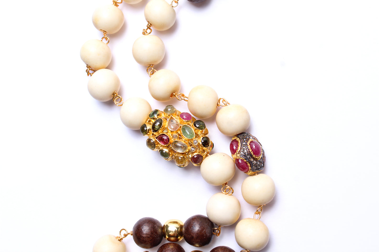 Bone Wood Gold Tourmaline Ruby Necklace & Gold Diamond Ebony Striped Love Pendant