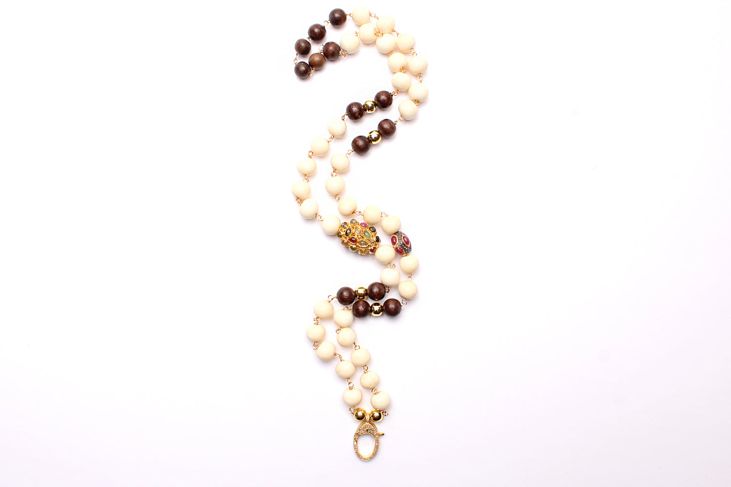 Bone Wood Gold Tourmaline Ruby Necklace & Gold Diamond Ebony Striped Love Pendant