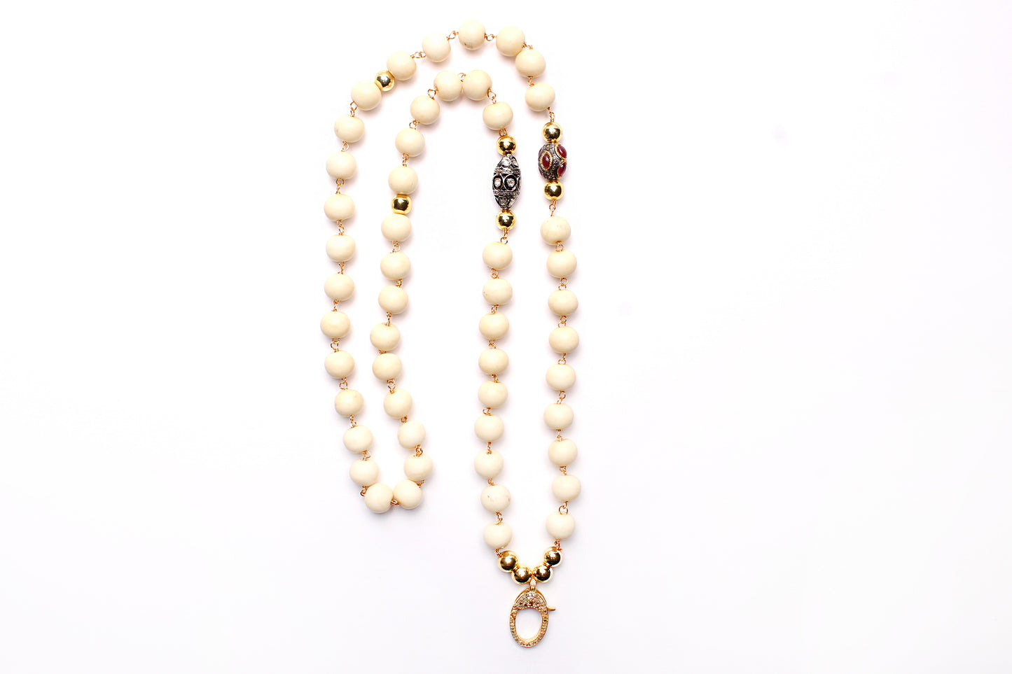 Bone Diamond Ruby Gold Rosary & Sapphire Polki Flower Pendant