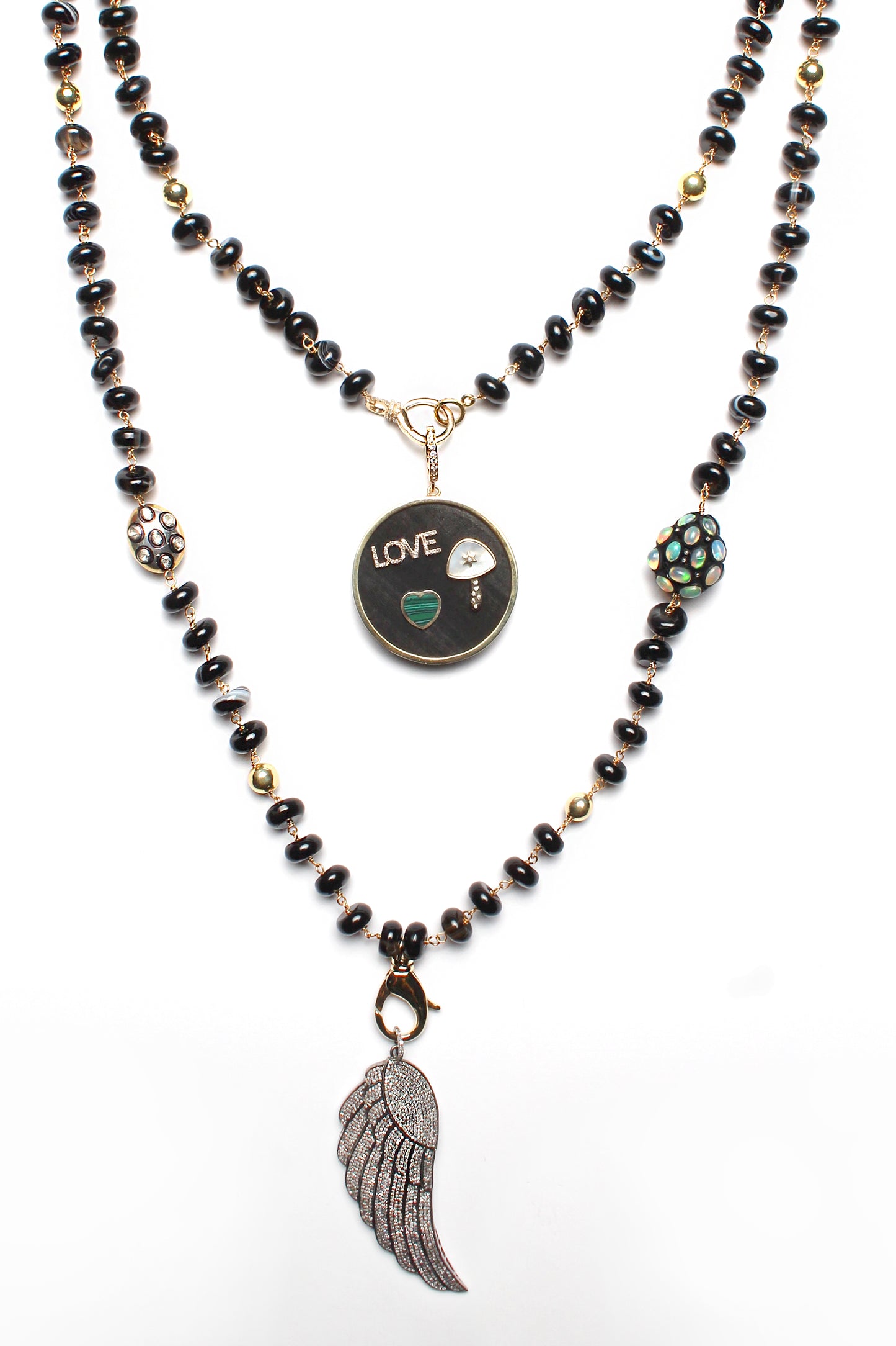"Carmen" Black Agate Diamond Gold Opal Rosary 3 Charm Ebony LOVE & Diamond Angel Wing Pendant