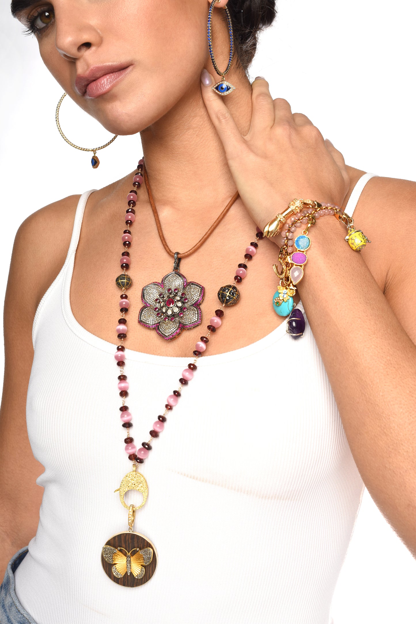 Garnet Pink Quartz Diamond Rosary & Quartz Opal Capri Pendant Necklace