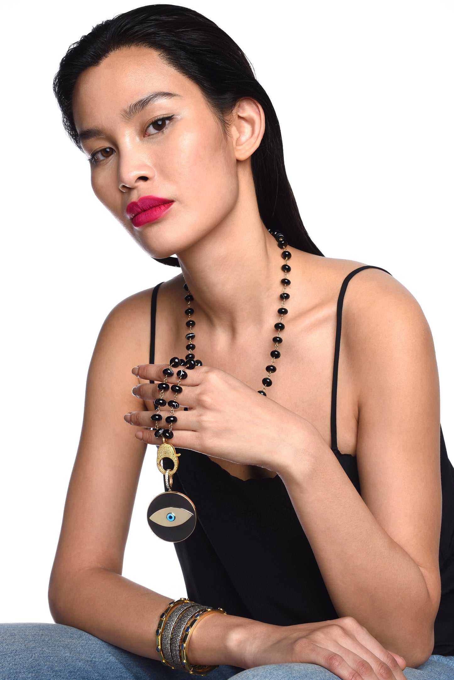 Black Smoky Agate Rosary 14k Gold Diamond Ebony Evil Eye Pendant Necklace