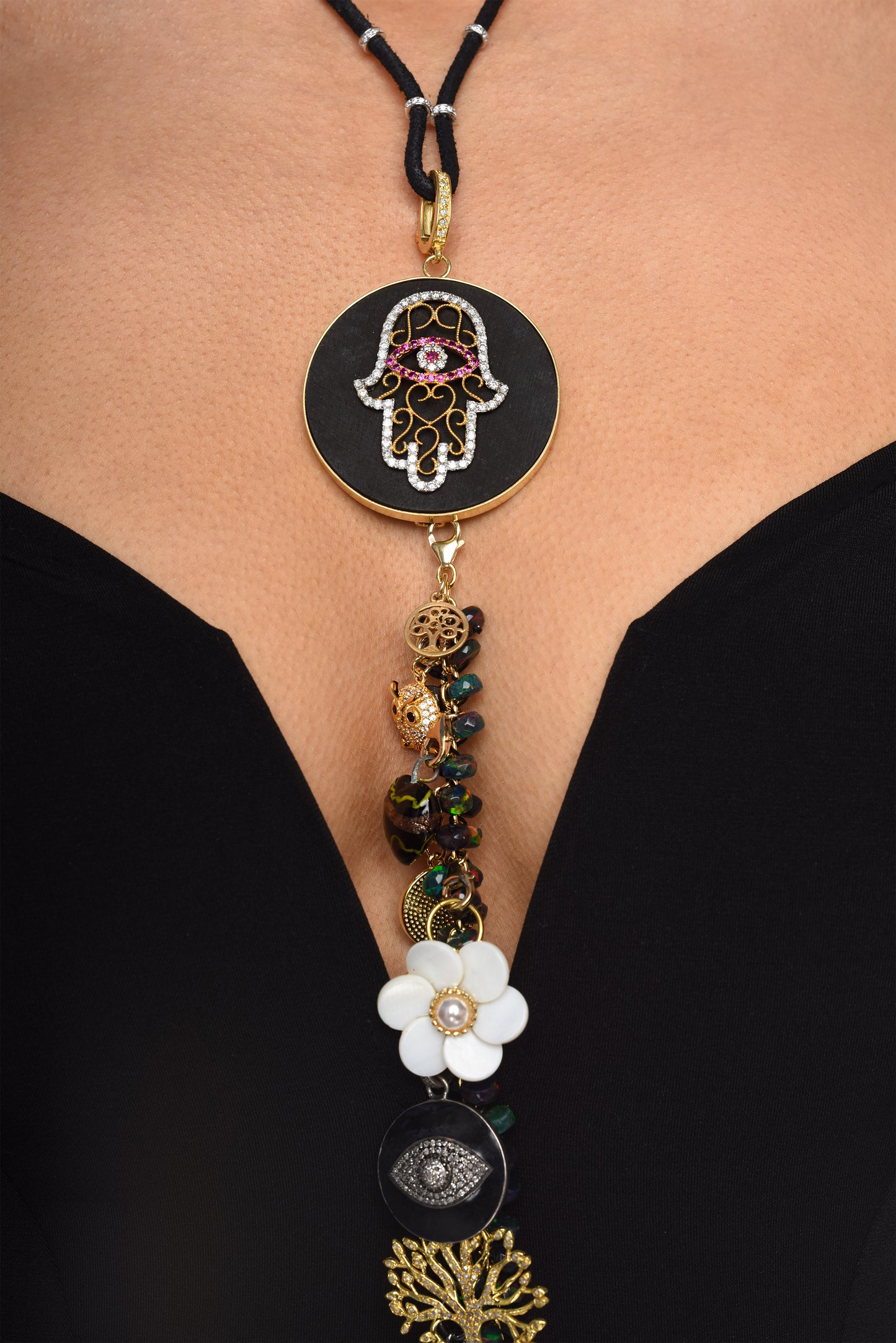Onyx Diamond Ebony Beaded Necklace & Ebony Diamond 14k Gold Ruby Hamsa Pendant