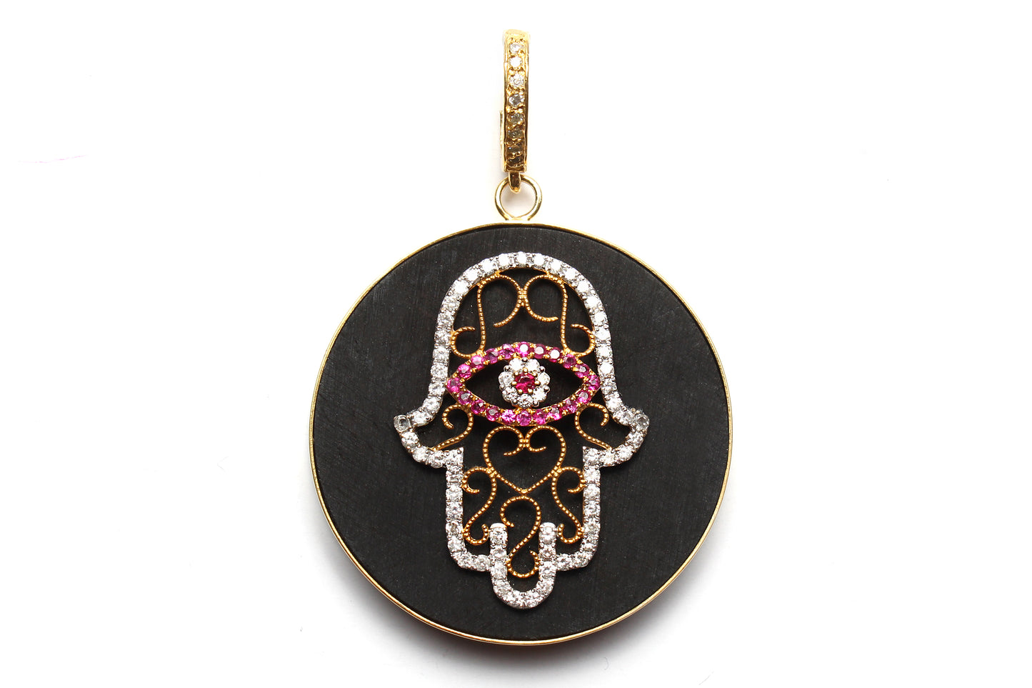 Onyx Diamond Ebony Beaded Necklace & Ebony Diamond 14k Gold Ruby Hamsa Pendant
