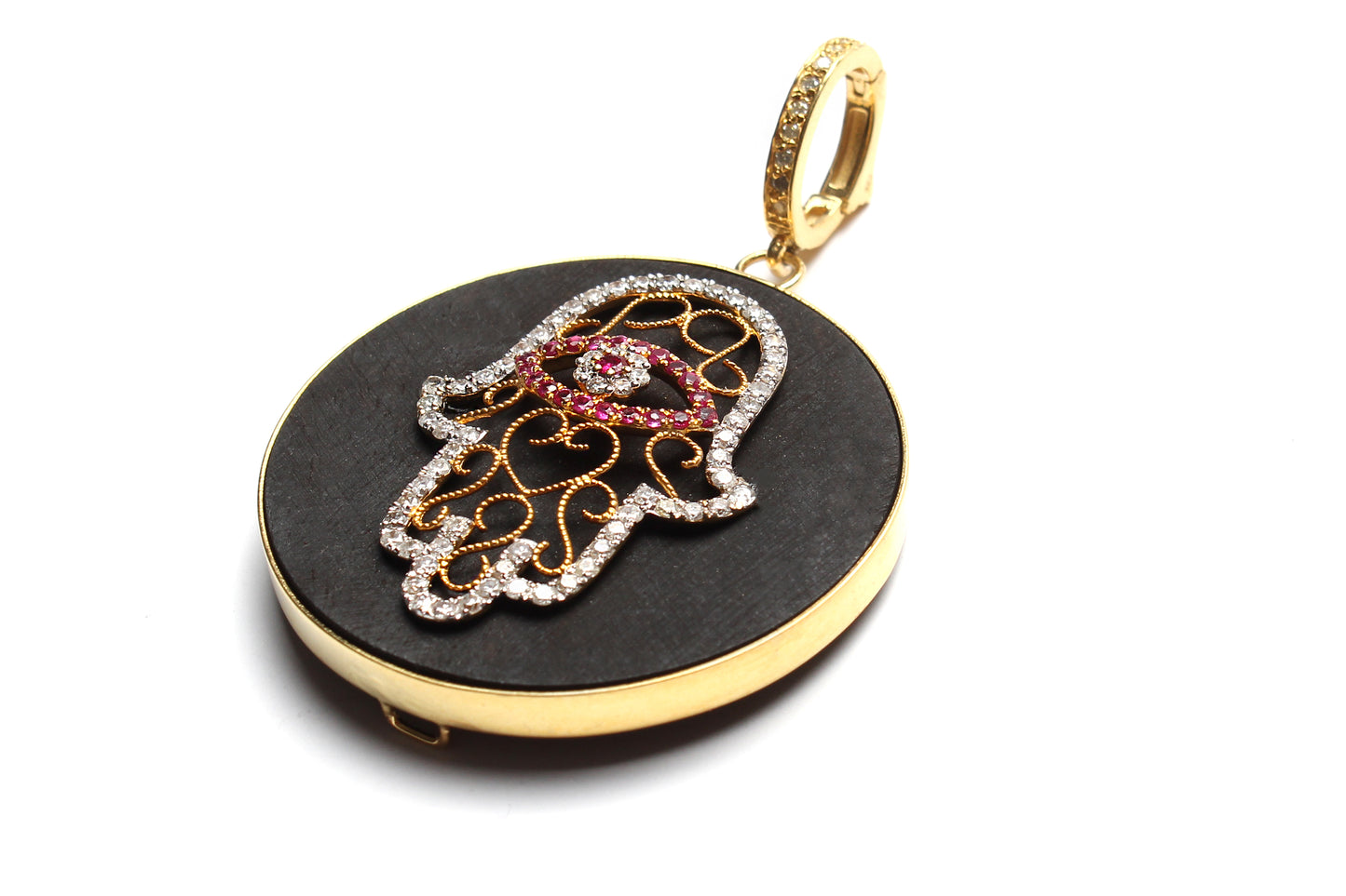 Onyx Diamond Ebony Beaded Necklace & Ebony Diamond 14k Gold Ruby Hamsa Pendant