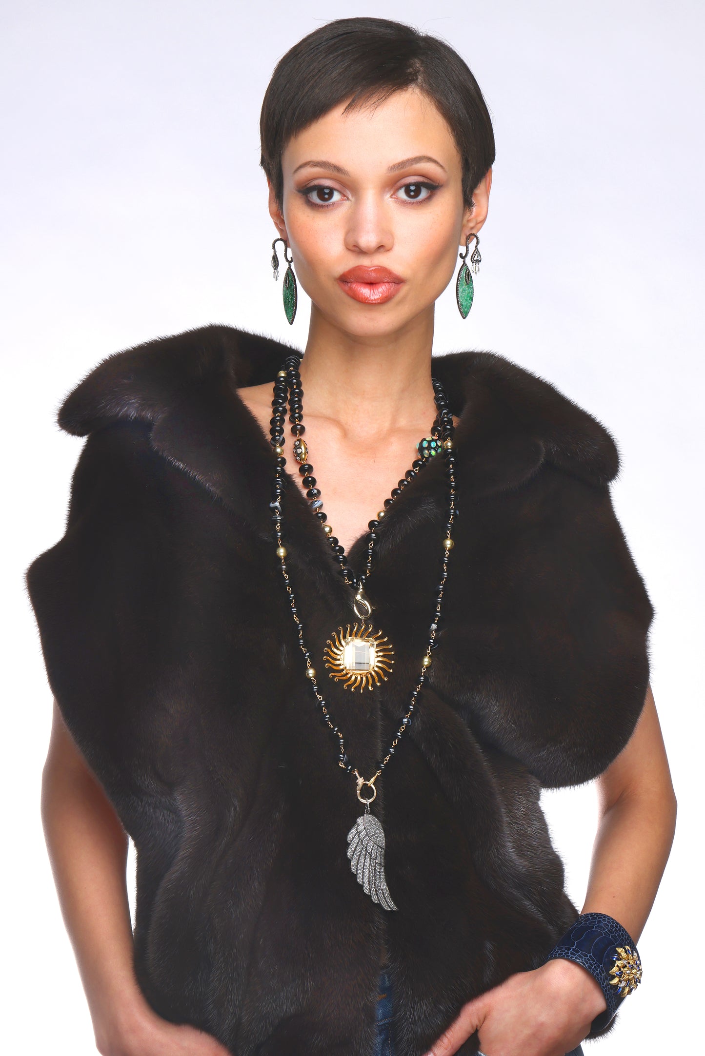 "Carmen" Black Agate Diamond Gold Opal Rosary 3 Charm Ebony LOVE & Diamond Angel Wing Pendant