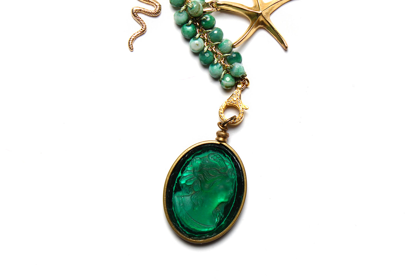 Signature Emerald Malachite 14k gold Diamond Topaz "Selva Magica III" Symbol Tree Necklace