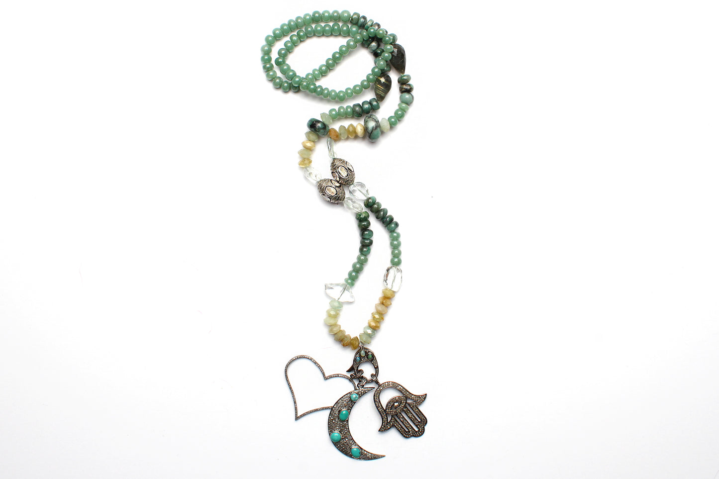 Green Multi Beaded Jade Moonstone Crystal Agate Polki Diamond Necklace & Diamond Turquoise Pendants