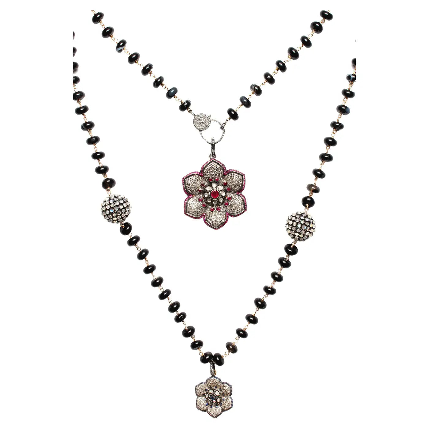 Black Agate "Carmen" 62" length Opal Diamond Ruby Sapphire Flower Pendant Rosary