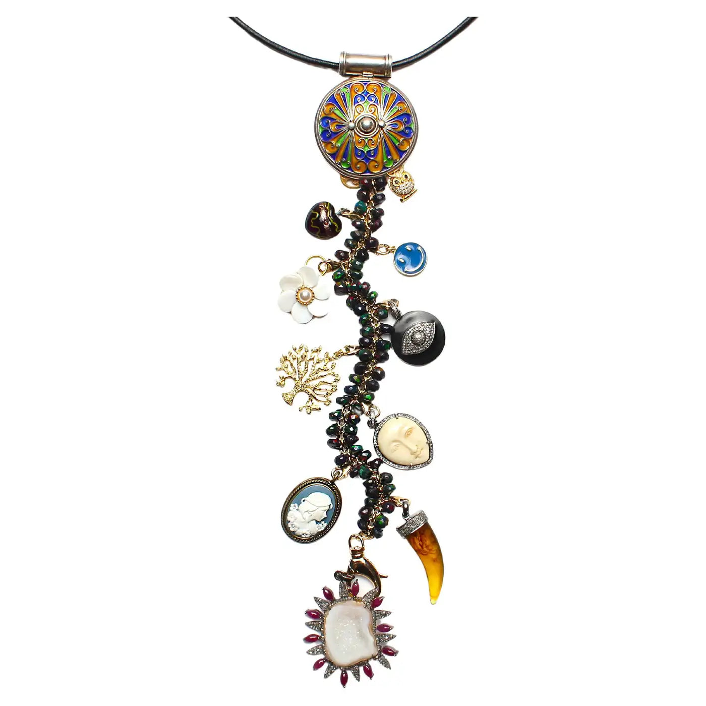 Signature "Hypnotic Maze" Opal Diamond Ruby Signature Symbol Tree Necklace
