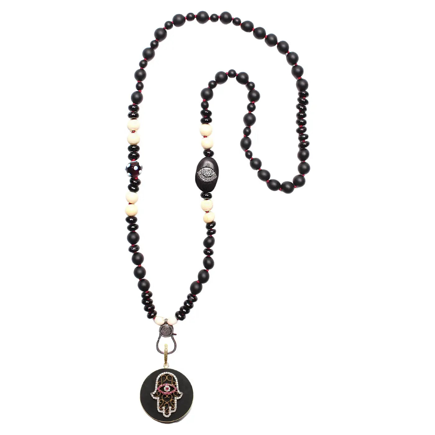 Onyx Diamond Ebony Beaded Necklace & Ebony Diamond 14k Gold Ruby Hamsa Pendant