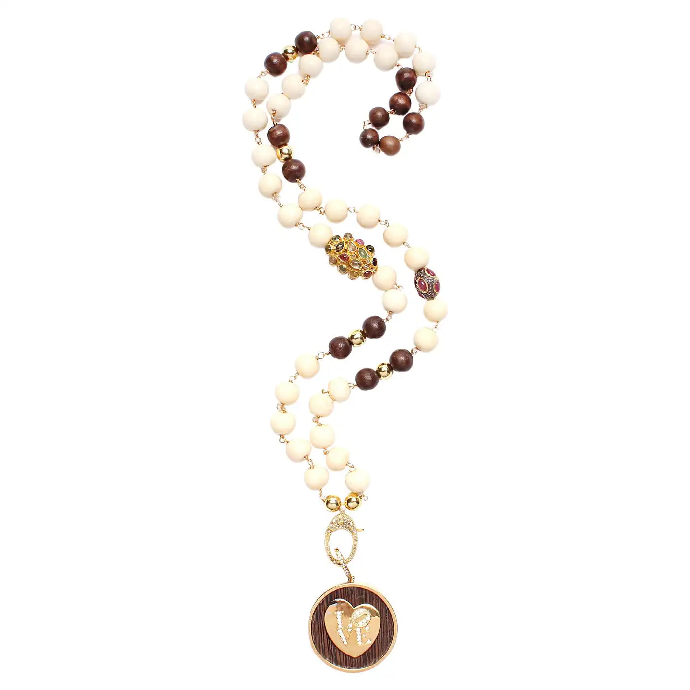 Bone Wood Gold Tourmaline Ruby Necklace & Gold Diamond Ebony Striped Love Pendant