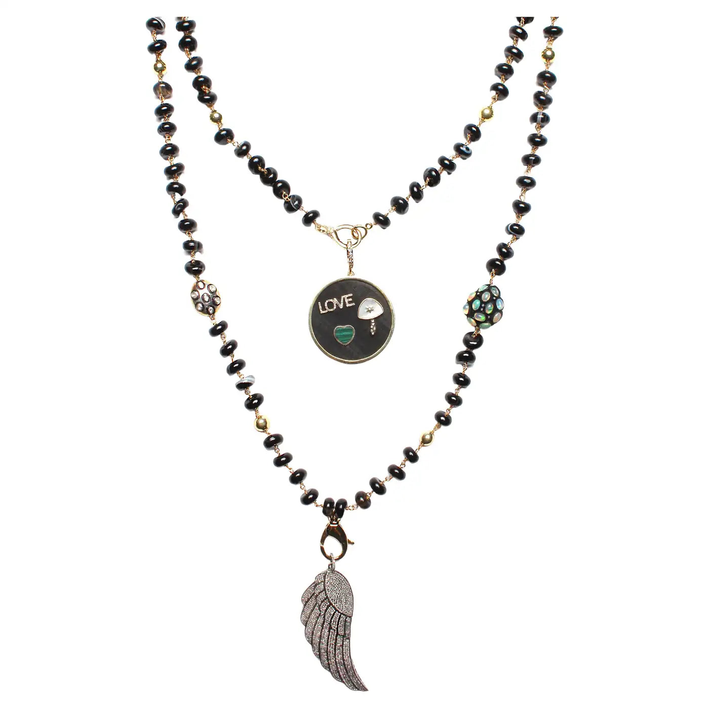 "Carmen" Black Agate Diamond Gold Opal Rosary 3 Charm Ebony LOVE & Diamond Angel Wing Pendant