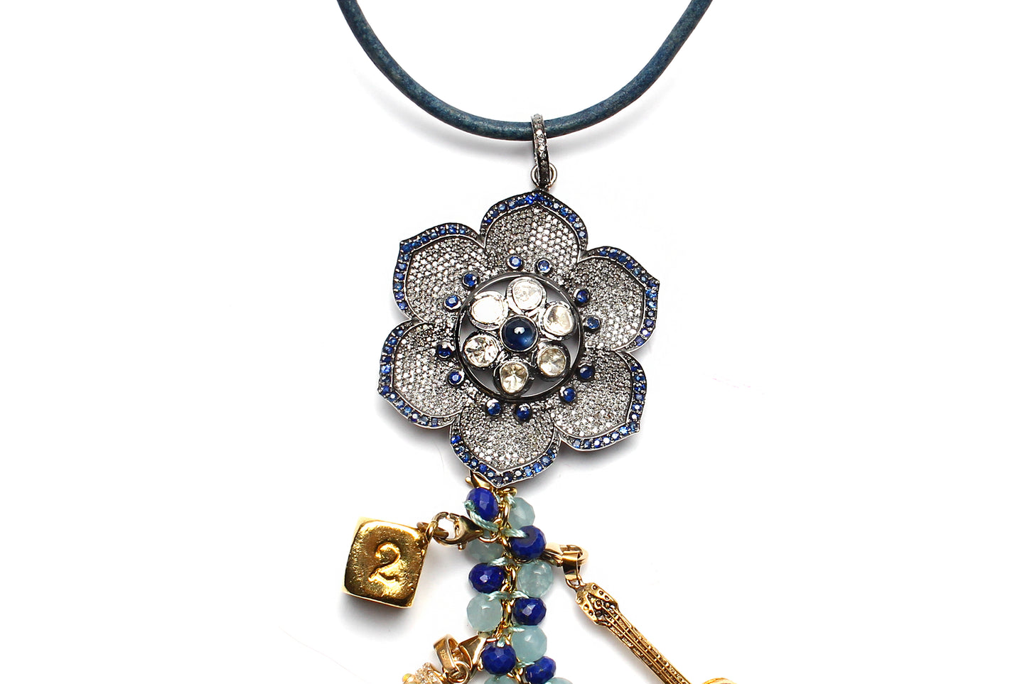 Signature "Epicure II" 14k gold Diamond Sapphire Lapis Symbol Tree Necklace