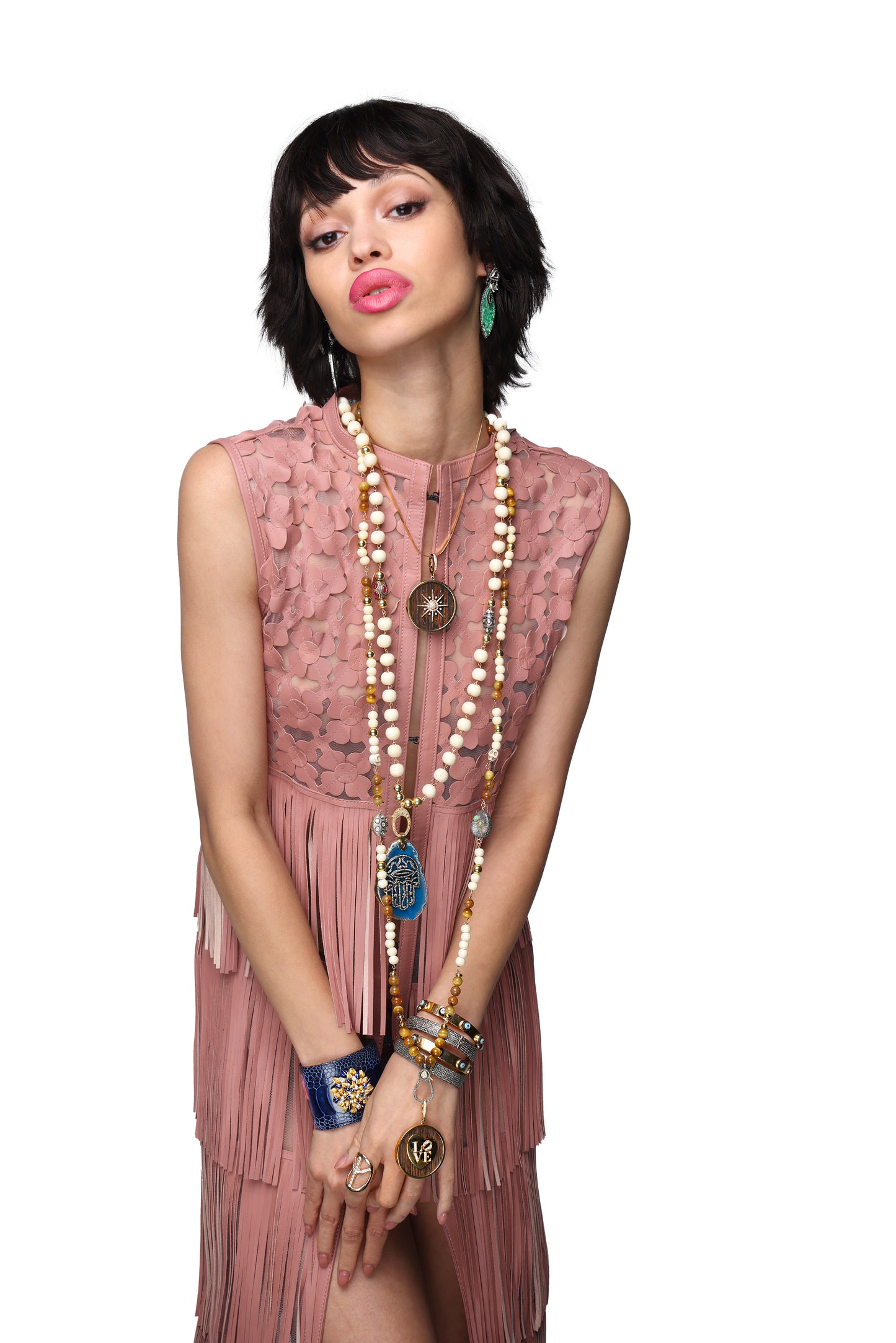 "Carmen" Bone Diamond Gold Wrap Around Rosary & Signature Mother Of Pearl Sapphire Pendant & Sapphire Pearl Bottom Pendant