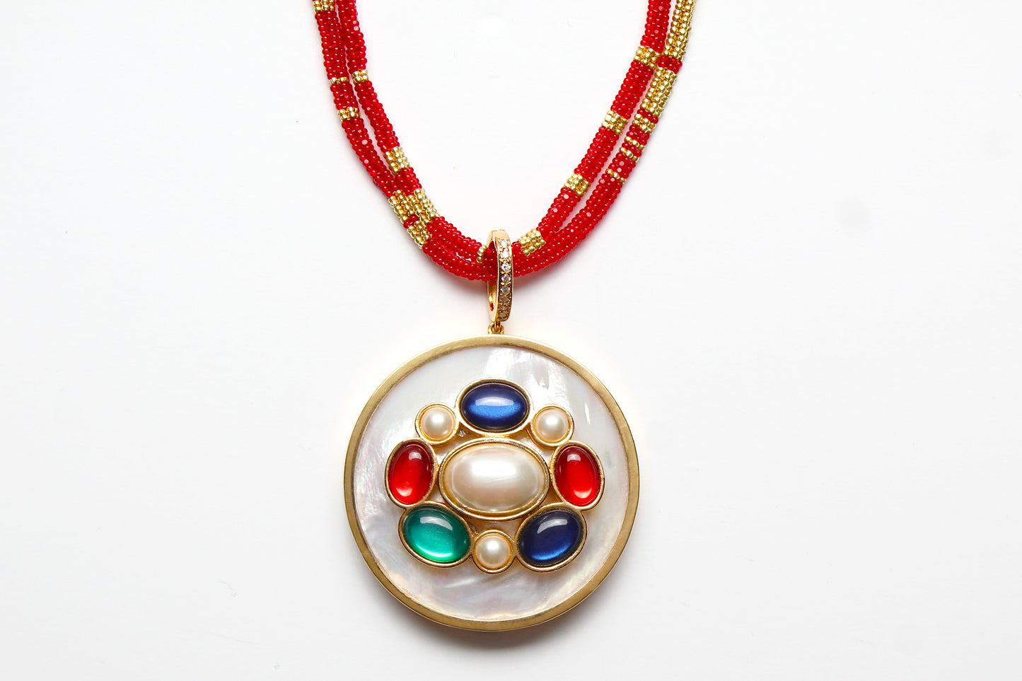 Signature Mother Of Pearl Modern Diamond Pearl Multi Gem Gold Pendant