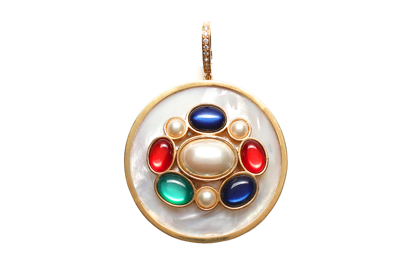 Signature Mother Of Pearl Modern Diamond Pearl Multi Gem Gold Pendant