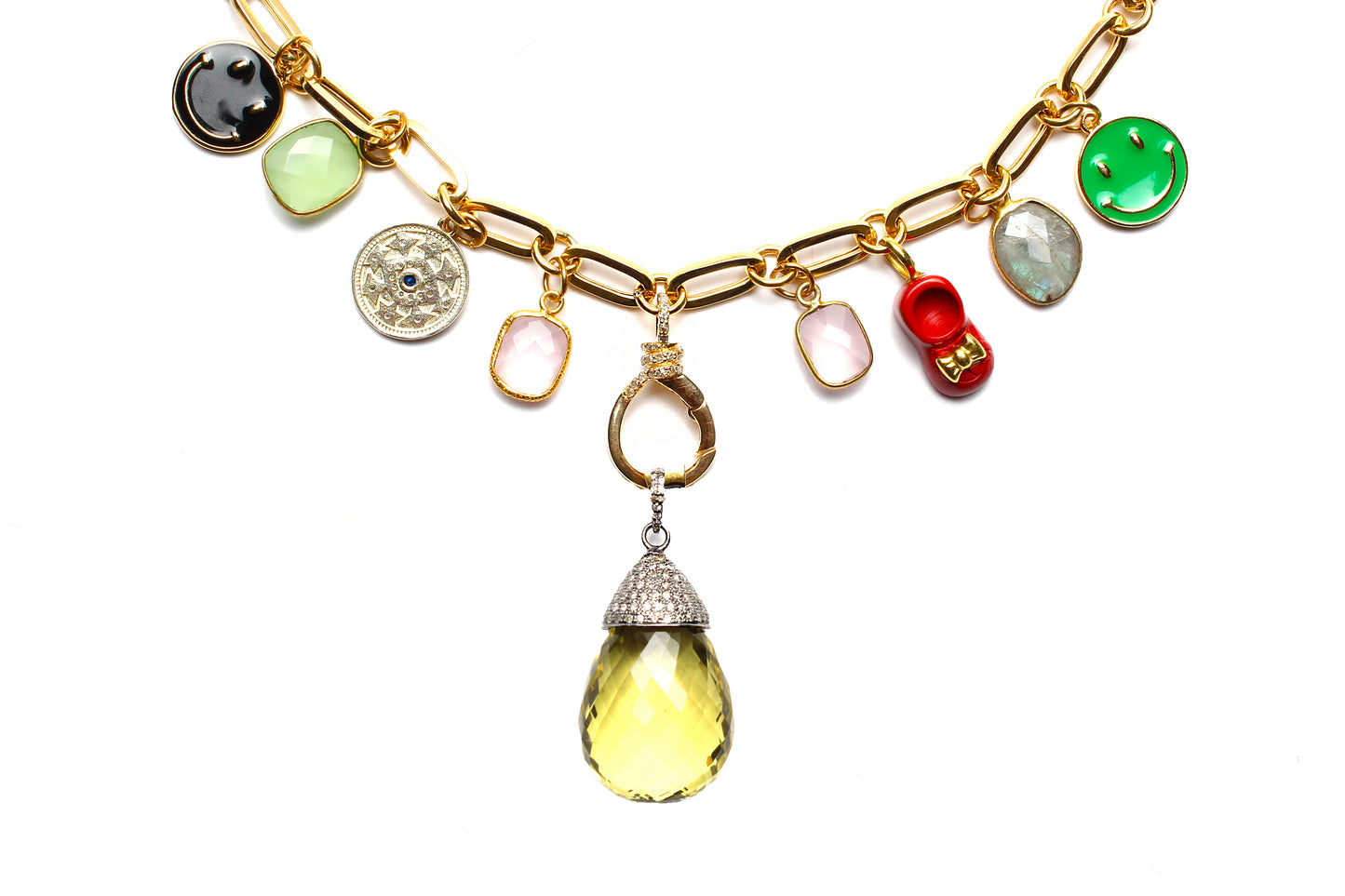 Gold Paper Clip Chain Multi Color & Malachite Bear Charm Necklace