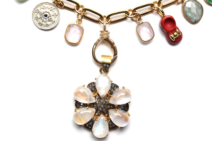 Gold Paper Clip Chain Multi Color & Malachite Bear Charm Necklace