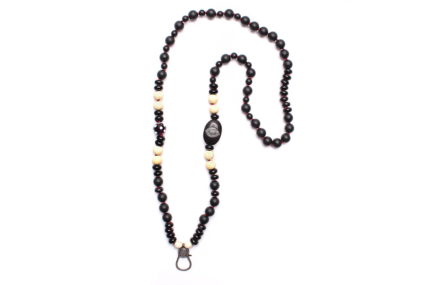 Onyx Diamond Ebony Beaded Necklace & Ebony Diamond 14k Gold Ruby Hamsa Pendant