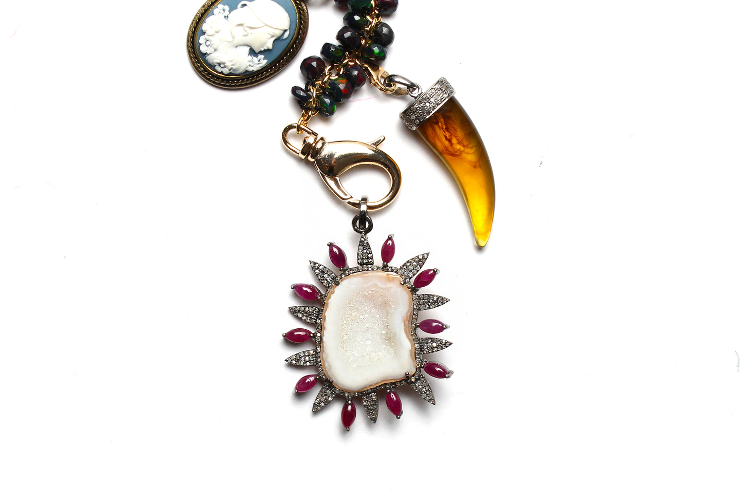Signature "Hypnotic Maze" Opal Diamond Ruby Signature Symbol Tree Necklace