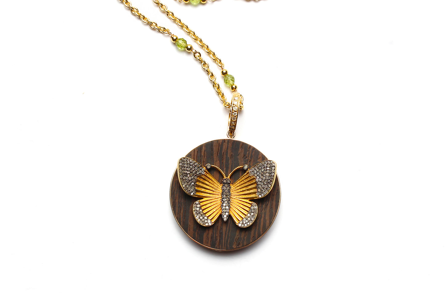 "Caracas" 14k Gold Peridot Necklace & Butterfly Ebony Pendant