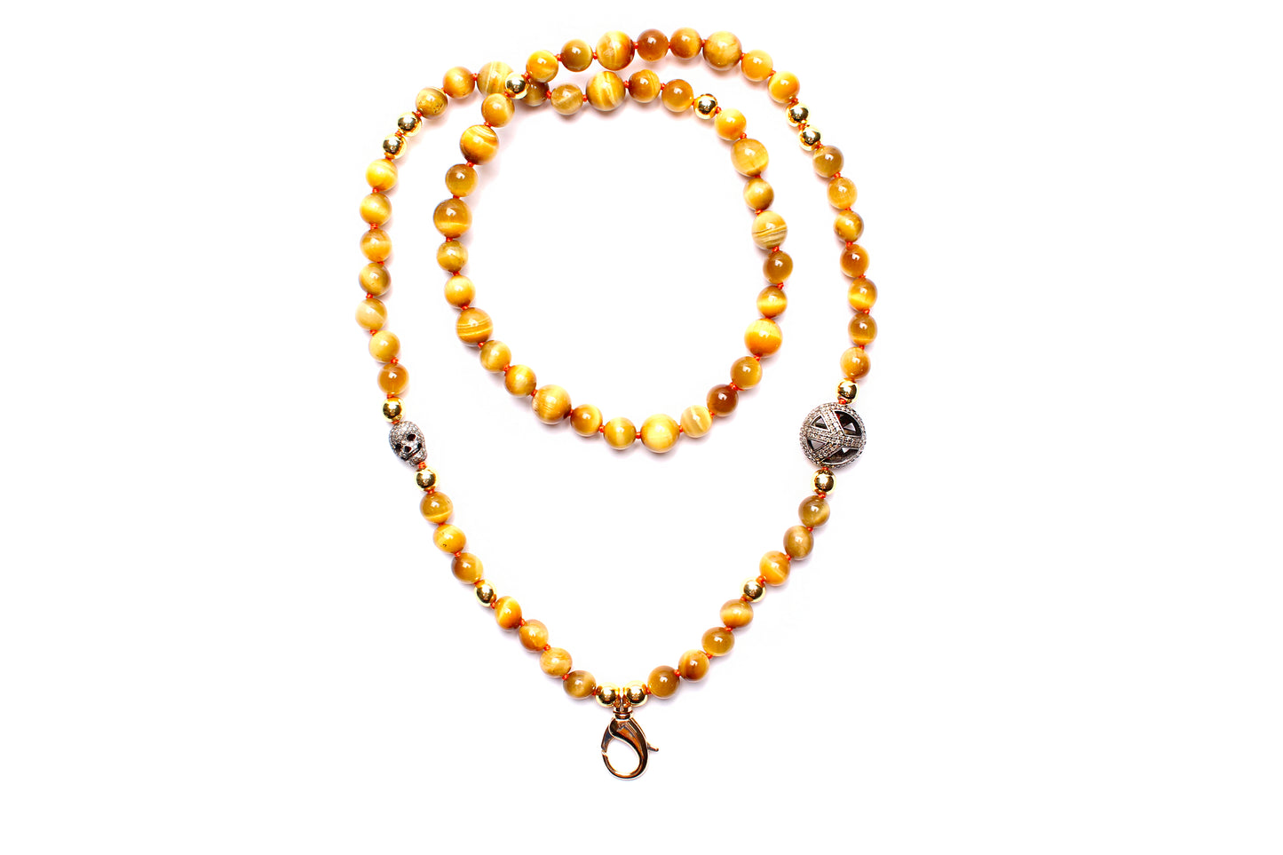 Tiger's Eye 14k Gold Amber Diamond Sun Pendant Beaded Necklace