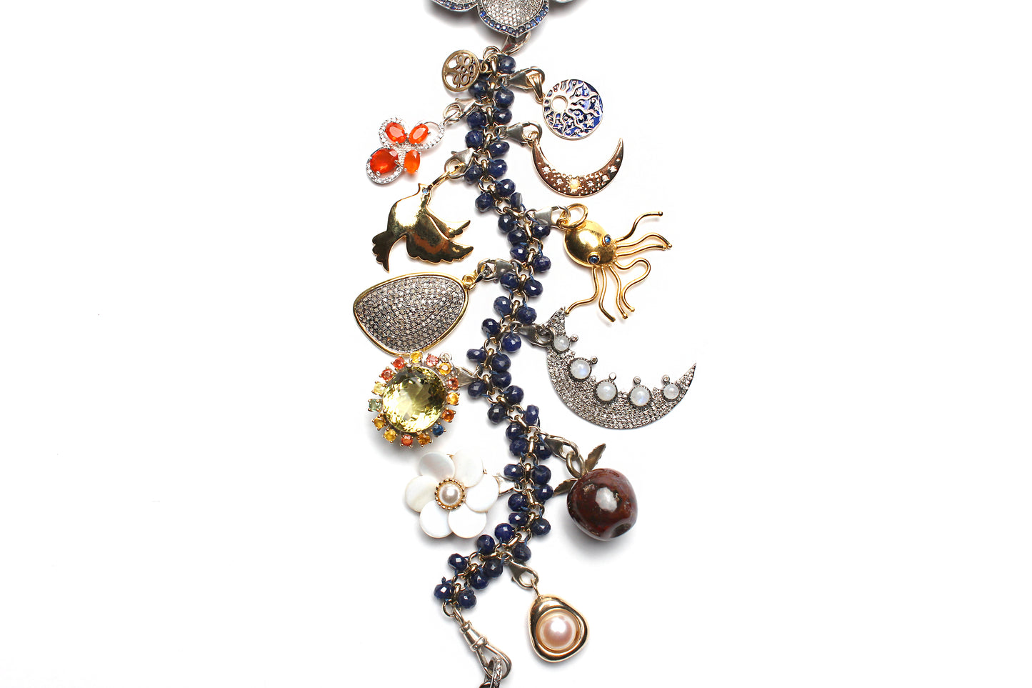 Under The Midnight Sun Sapphire Tourmaline Pearl Diamond Symbol Tree Necklace