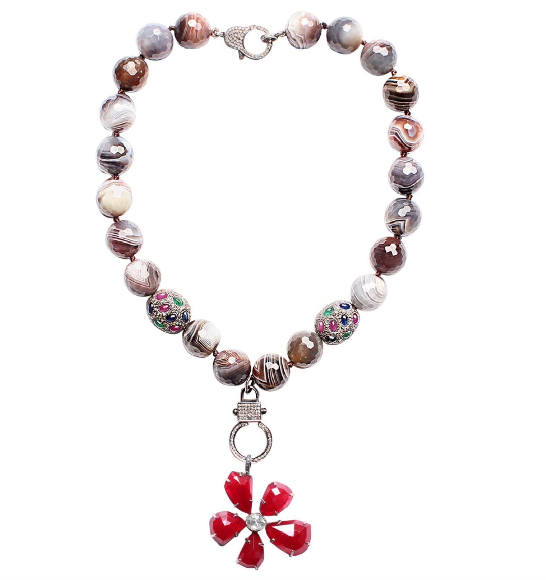Botswana Agate Sapphire Ruby Emerald Agate Diamond Flower Pendant Necklace