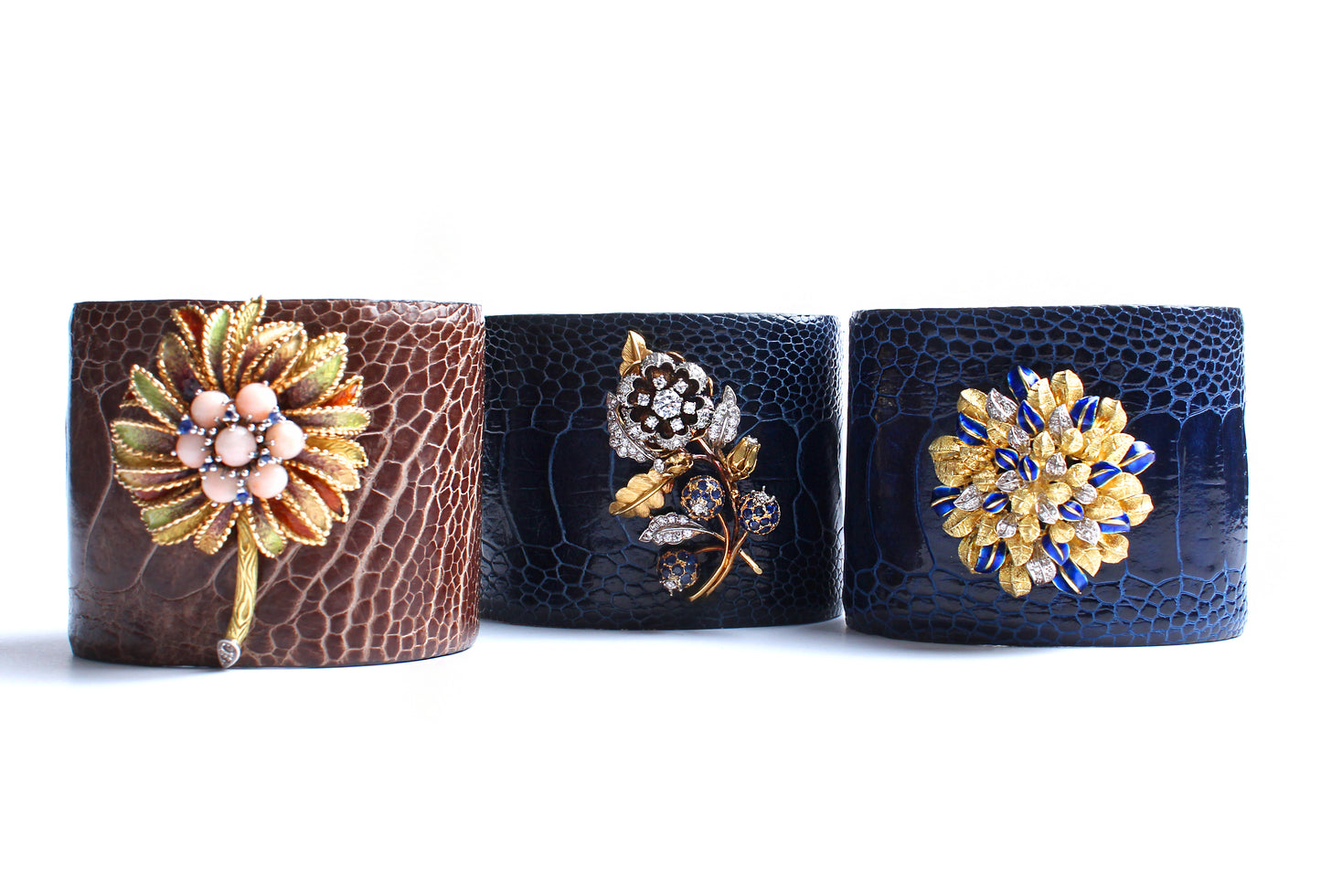 Brown Crocodile Rose Quartz Sapphire Enamel 14k Gold Bracelet