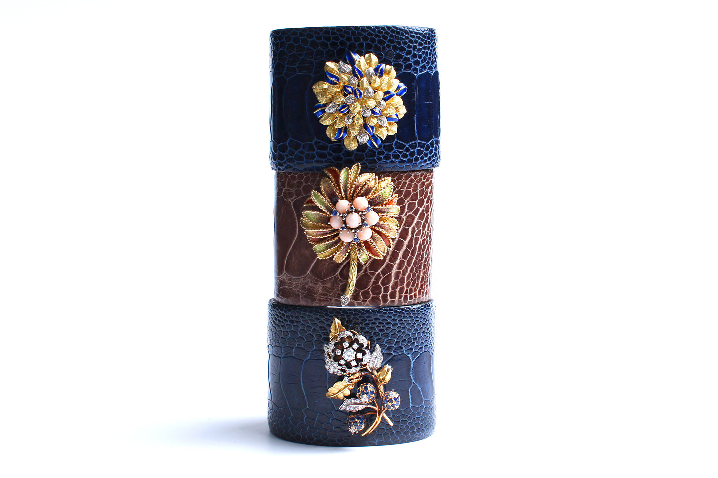 Blue Crocodile 14 Karat Gold Enamel Flower Bush Cuff Bracelet