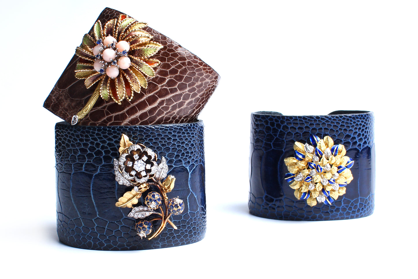 Crocodile Cuff 14k Gold Sapphire Diamond Flower Charm Cuff