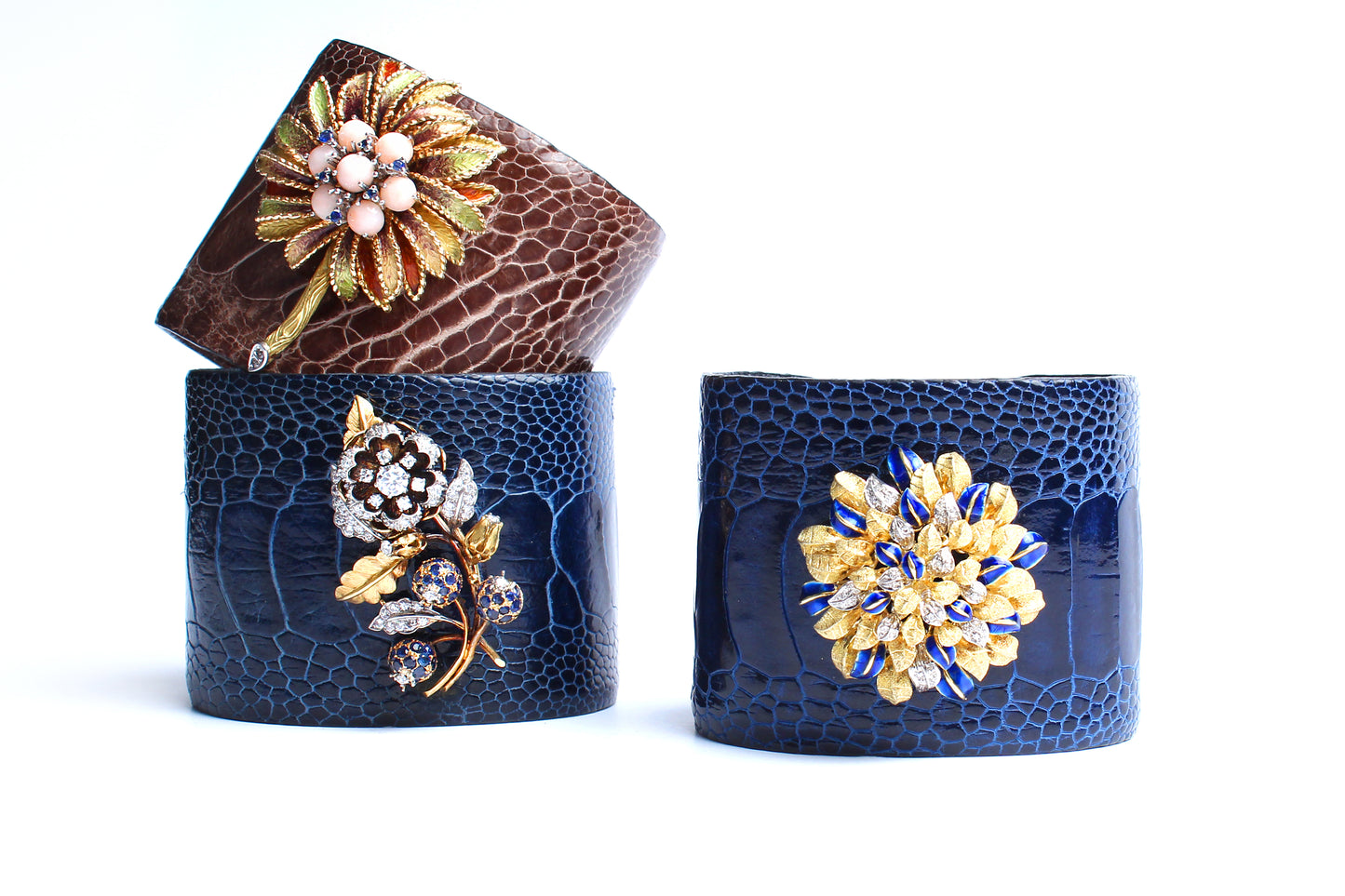 Blue Crocodile 14 Karat Gold Enamel Flower Bush Cuff Bracelet